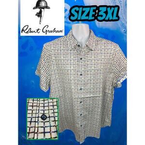 Robert Graham Shirt Size 3XL White Blue Grid Dot Pattern Short Sleeve Designer